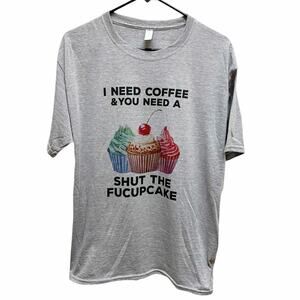 Shut the fucupcake heather gray novelty adult humor T-shirt Large